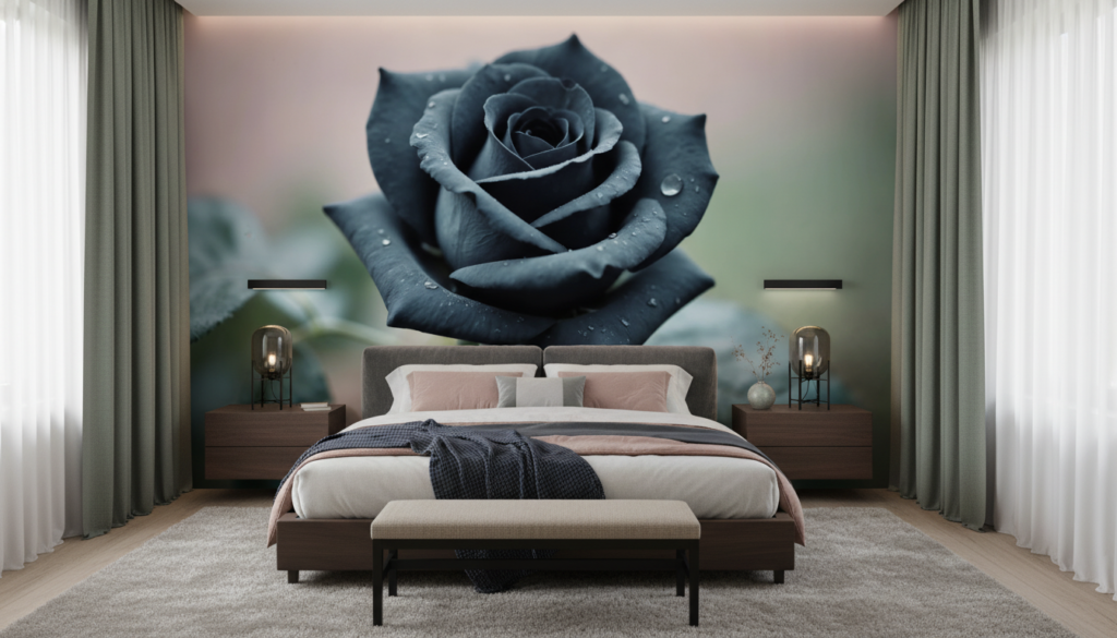 Rose Noire Élégante avec Gouttes de Rosée sur Fond Flou - Chambre adulte