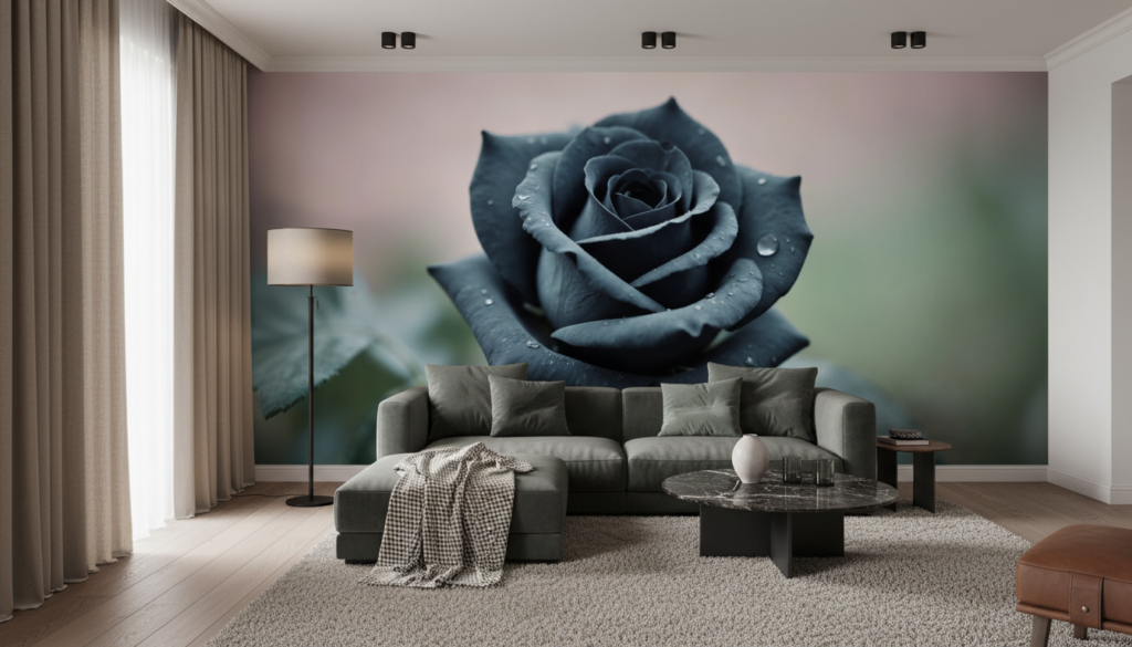 Rose Noire Élégante avec Gouttes de Rosée sur Fond Flou - Salon / Séjour
