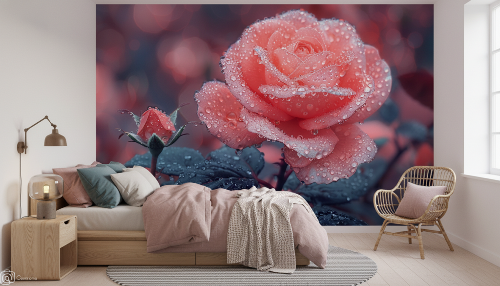 Rose Rouge Éclatante aux Gouttes de Rosée Matinale - Chambre ado