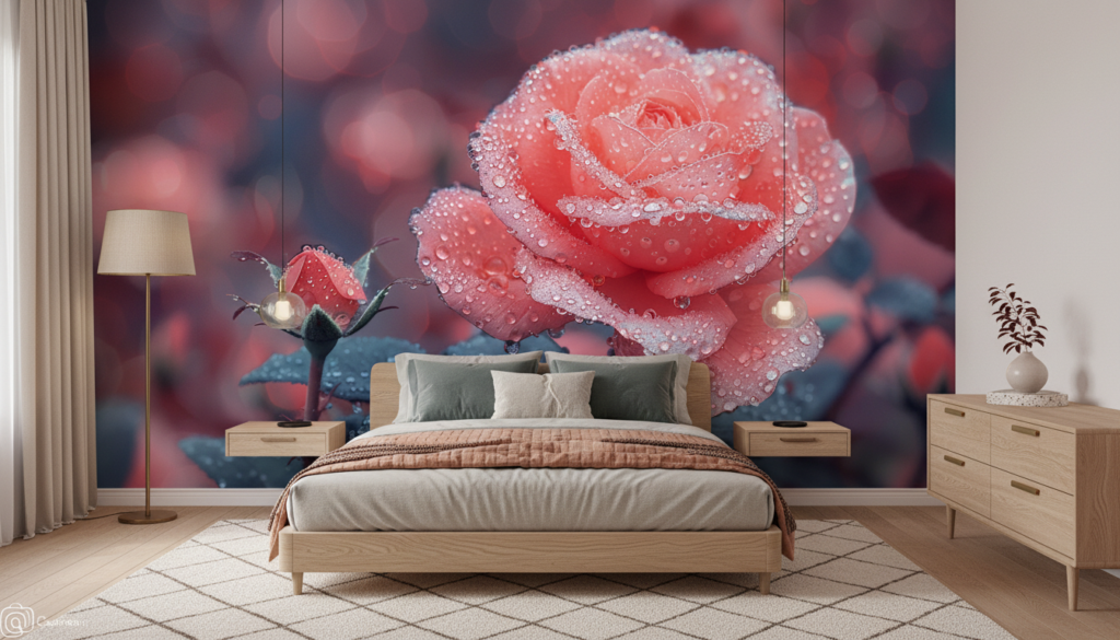 Rose Rouge Éclatante aux Gouttes de Rosée Matinale - Chambre adulte