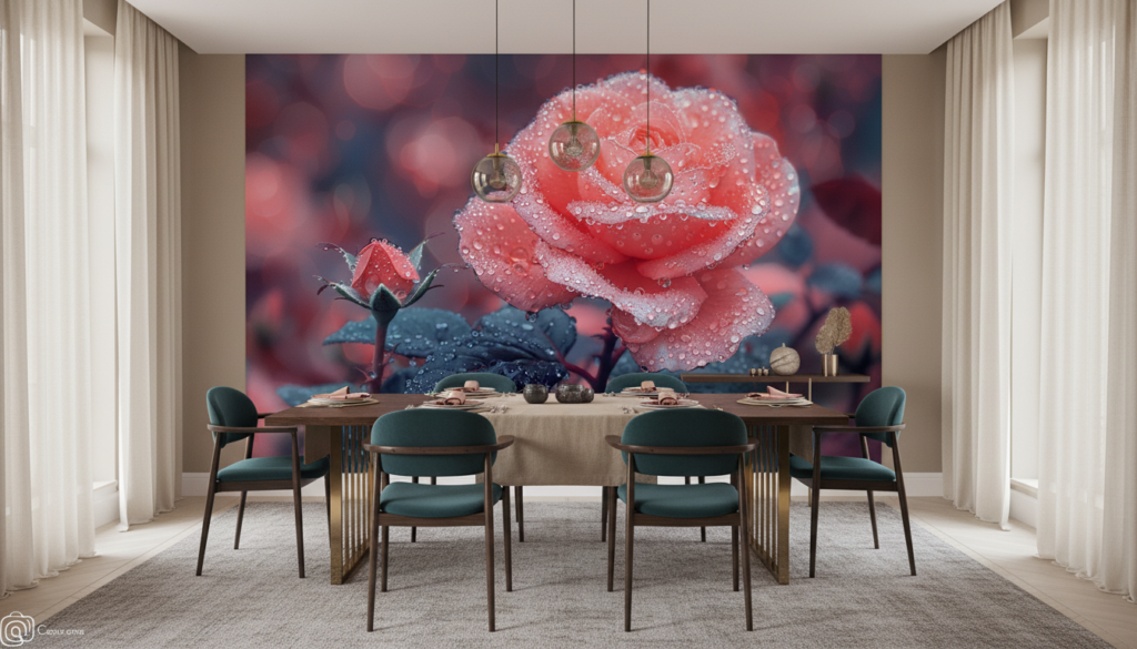 Rose Rouge Éclatante aux Gouttes de Rosée Matinale - Salle à manger