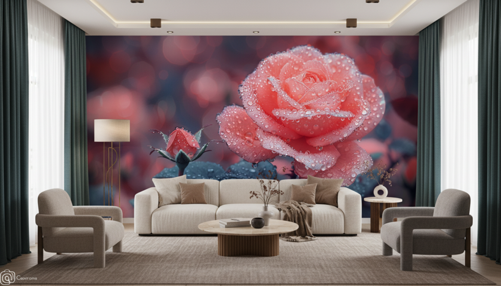 Rose Rouge Éclatante aux Gouttes de Rosée Matinale - Salon / Séjour