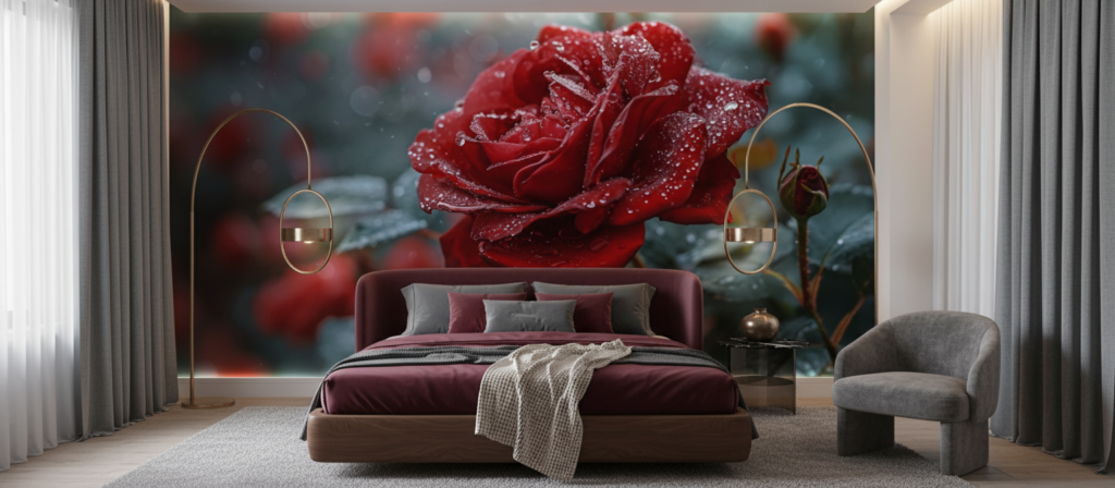 Rose rouge éclatante avec gouttes de rosée sur fond naturel - Chambre adulte