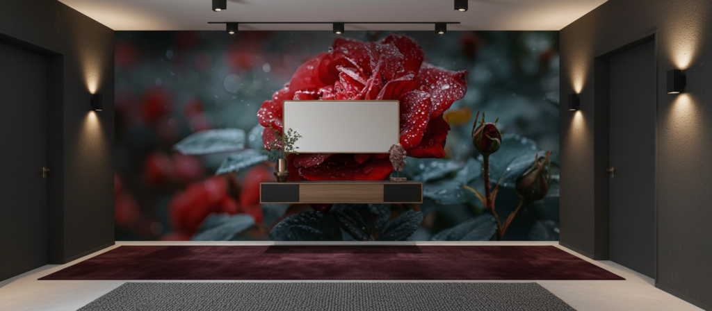 Rose rouge éclatante avec gouttes de rosée sur fond naturel - Couloir