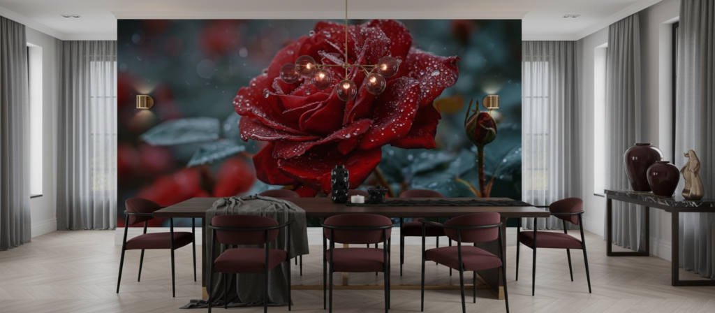 Rose rouge éclatante avec gouttes de rosée sur fond naturel - Salle à manger