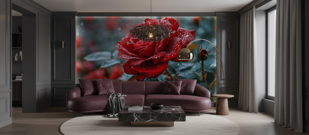 Rose rouge éclatante avec gouttes de rosée sur fond naturel - Salon / Séjour