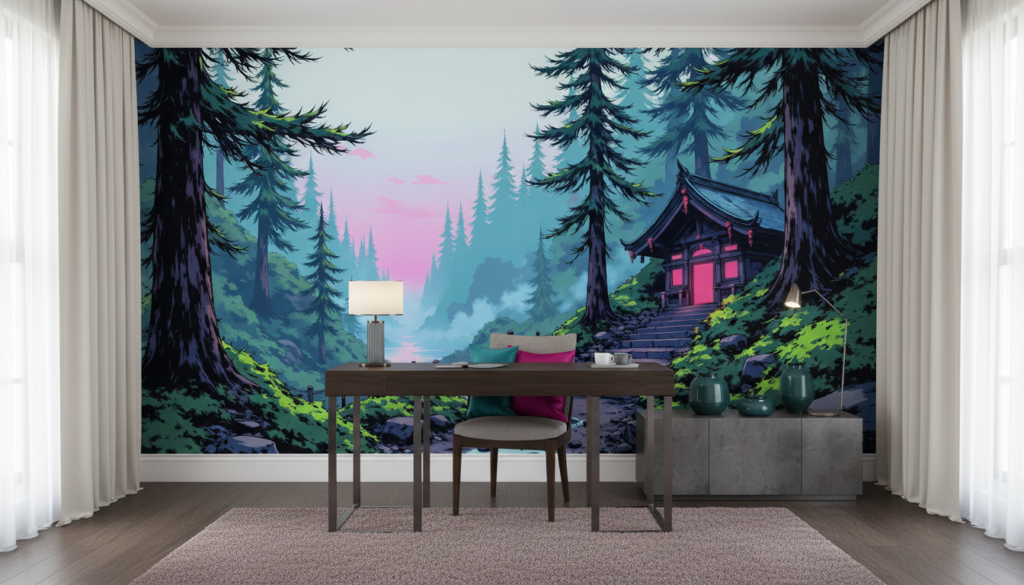 Sanctuaire japonais mystique dans forêt brumeuse au crépuscule rose - Bureau