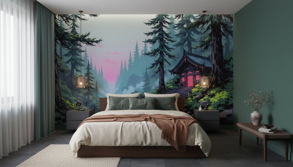 Sanctuaire japonais mystique dans forêt brumeuse au crépuscule rose - Chambre adulte