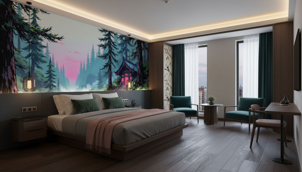 Sanctuaire japonais mystique dans forêt brumeuse au crépuscule rose - Hôtel