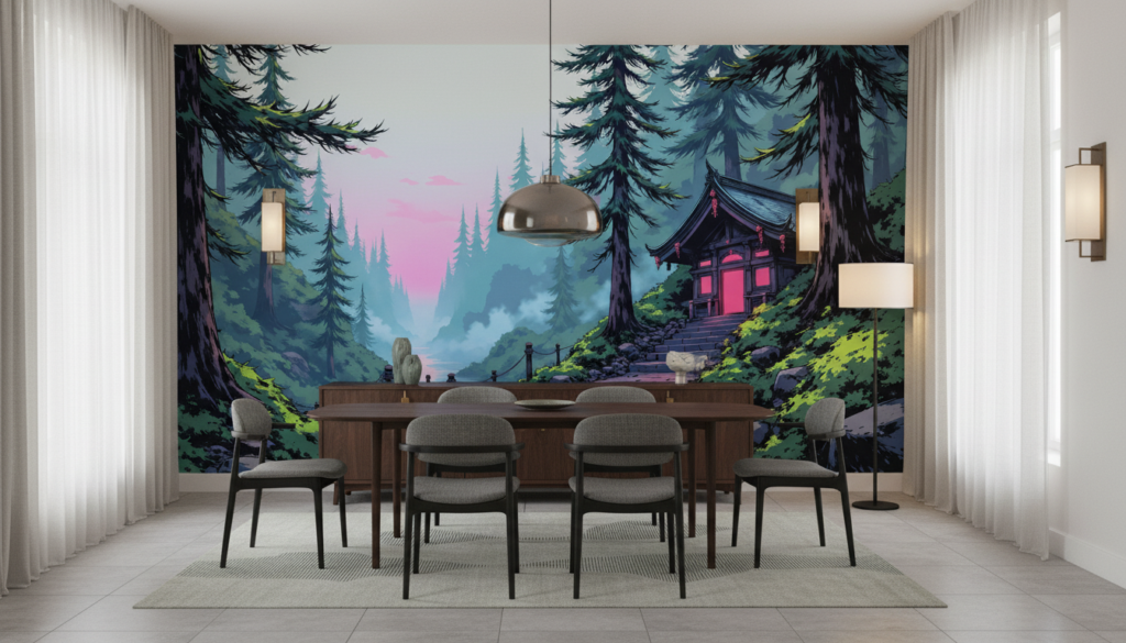 Sanctuaire japonais mystique dans forêt brumeuse au crépuscule rose - Salle à manger