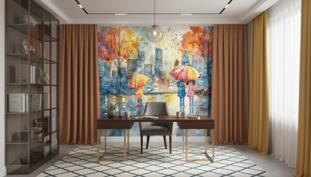 Scène urbaine automnale sous la pluie avec parapluies colorés - Bureau