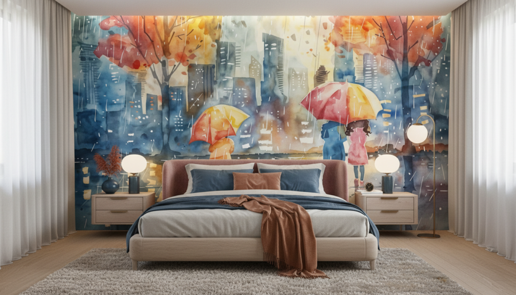 Scène urbaine automnale sous la pluie avec parapluies colorés - Chambre adulte