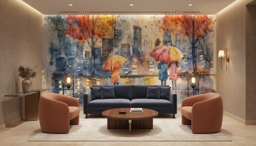 Scène urbaine automnale sous la pluie avec parapluies colorés - Hôtel