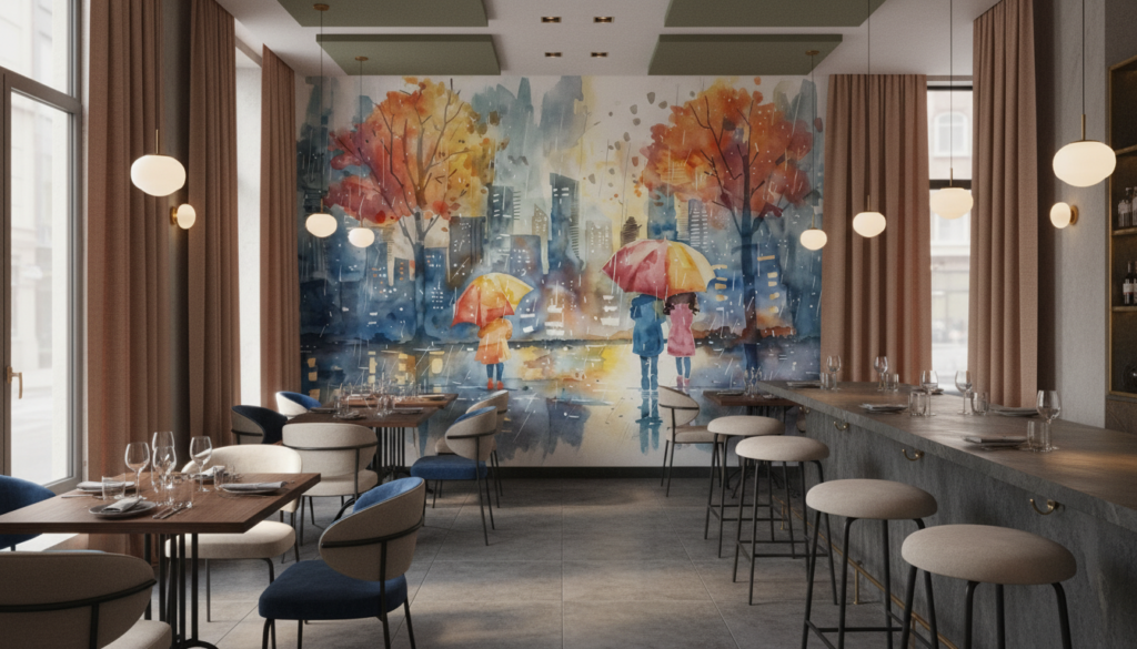 Scène urbaine automnale sous la pluie avec parapluies colorés - Restaurant