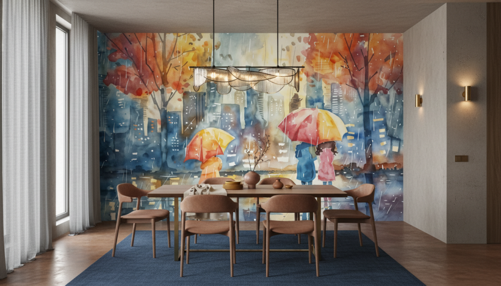Scène urbaine automnale sous la pluie avec parapluies colorés - Salle à manger