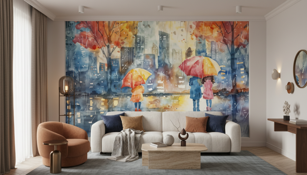 Scène urbaine automnale sous la pluie avec parapluies colorés - Salon / Séjour