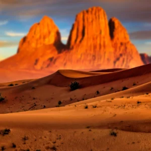 Papier Peint Désert Sahara Dunes Dorées et Montagnes Oranges