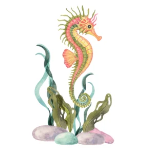 Papier peint aquarelle hippocampe tropical et algues marines colorées