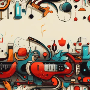 Papier Peint Abstracto Musical Vintage Instruments Coloré Rouge Turquoise