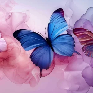 Papier peint aquarelle papillons bleus et roses effet nuage