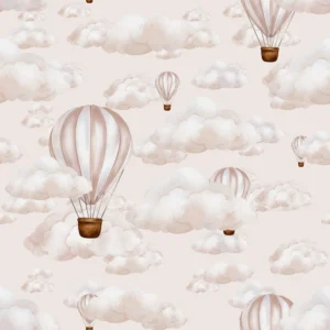 Papier peint montgolfières roses et nuages doux style aquarelle