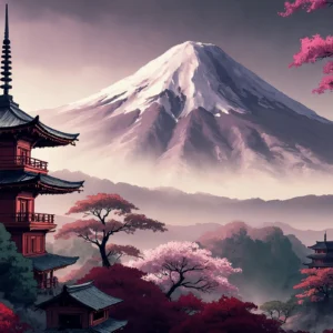 Paysage Japonais Mont Fuji Pagode et Cerisiers en Fleurs