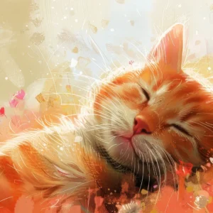 Papier peint artistique chat roux dans champ fleuri lumineux