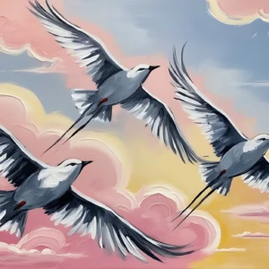 Papier Peint Grues Volantes Coucher de Soleil Nuages Roses