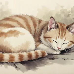 Chaton roux endormi dans un jardin aquarelle naturel