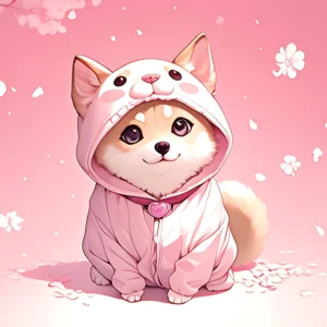 Papier peint kawaii chiot Shiba Inu fleuri ambiance sakura rose