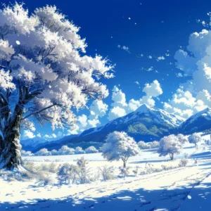 Paysage hivernal montagneux avec cerisier en fleurs et neige scintillante