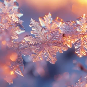 Papier peint flocons de neige cristallins dorés lumière chaude