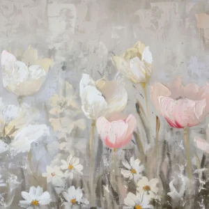 Papier peint floral tulipes roses et blanches sur fond texturé