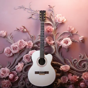 Papier peint guitare blanche et roses sur fond dégradé rose