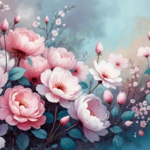 Papier Peint Floral Romantique aux Pivoines et Cerisiers en Fleurs