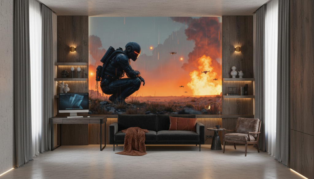 Soldat futuriste contemplant bataille spatiale apocalyptique coucher soleil - Bureau