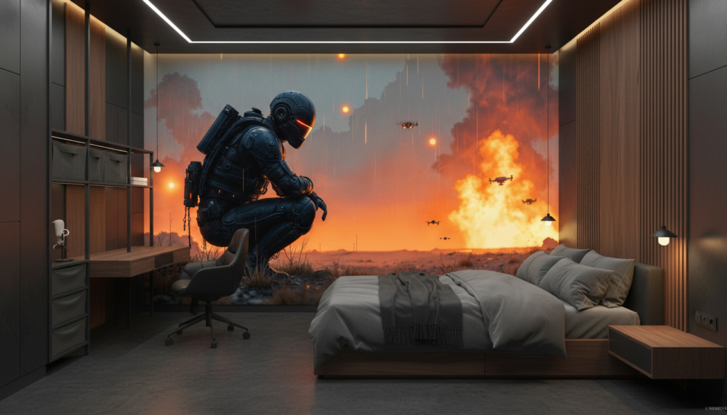 Soldat futuriste contemplant bataille spatiale apocalyptique coucher soleil - Chambre ado