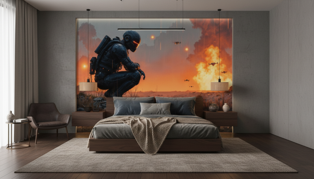 Soldat futuriste contemplant bataille spatiale apocalyptique coucher soleil - Chambre adulte