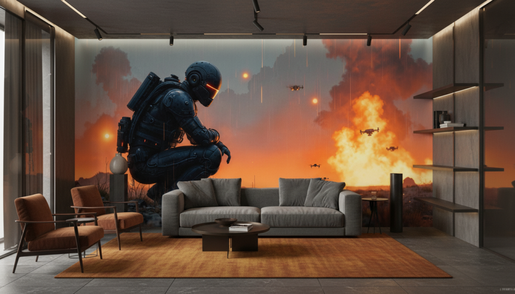 Soldat futuriste contemplant bataille spatiale apocalyptique coucher soleil - Salon / Séjour