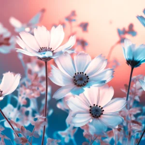 Papier peint fleurs cosmos effet infrarouge rose et bleu