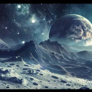 Paysage Lunaire avec Planète et Montagnes Cosmiques Étoilées