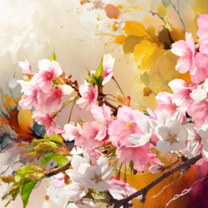 Papier peint fleurs de cerisier aquarelle tons roses et dorés