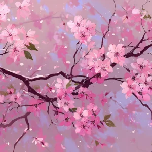 Papier peint branches de cerisier en fleurs rose romantique