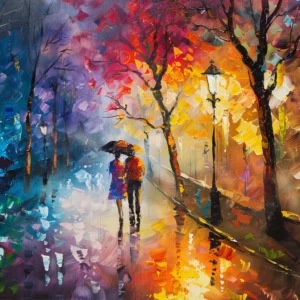 Couple romantique sous la pluie dans parc automnal impressionniste