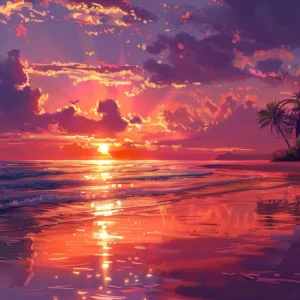 Coucher de soleil tropical avec palmiers et reflets océaniques dorés