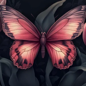 Papier peint élégant papillon rose et tulipes sur fond sombre
