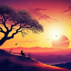 Coucher de Soleil Africain avec Arbre Solitaire et Paysage Montagneux