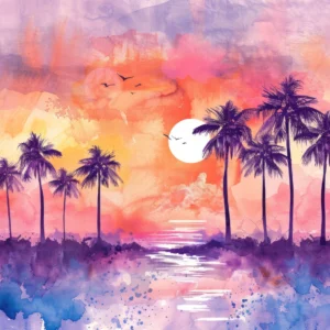 Papier peint tropical sunset avec palmiers et reflets aquarelle