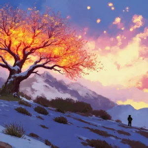 Papier Peint Arbre Doré Coucher de Soleil Montagne Hiver