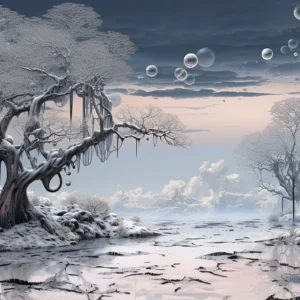 Paysage Hivernal Fantastique avec Arbre Glacé et Bulles Flottantes